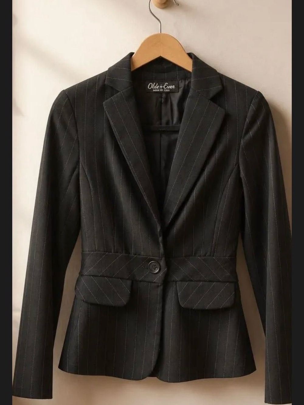 Women's Black Pinstripe Single-Button Blazer by